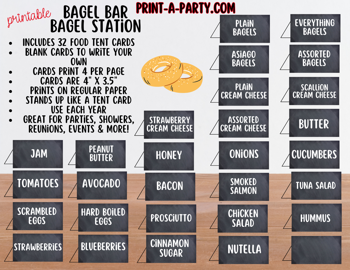 Bagel Bar Sign & Topping Tent Cards - Printable Brunch Decor for Showers, Parties, Events