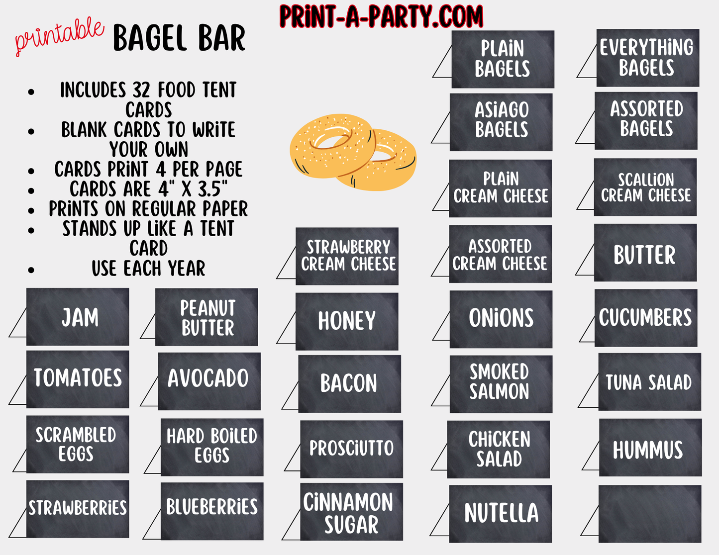Bagel Bar Sign (8x10) & Topping Tent Cards - Printable Brunch Decor