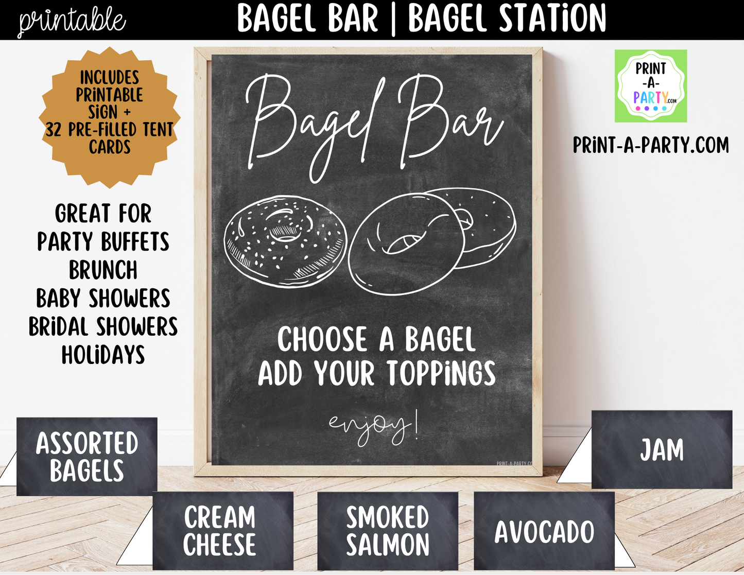 Bagel Bar Sign (8x10) & Topping Tent Cards - Printable Brunch Decor