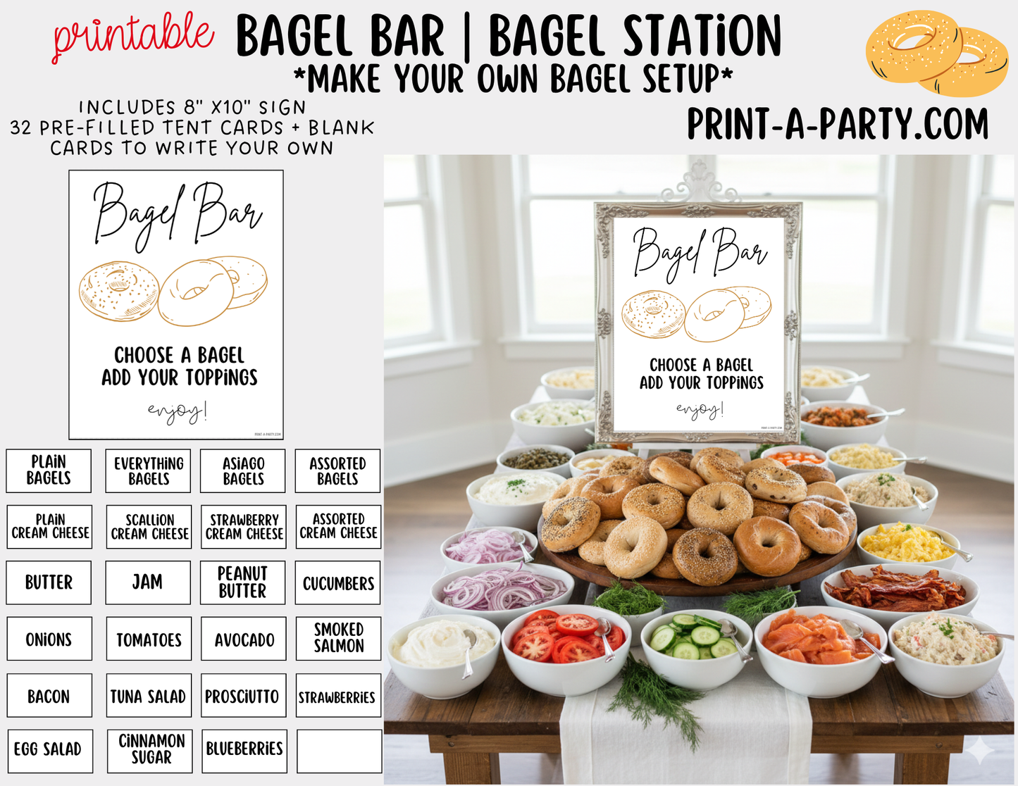 Bagel Bar Sign & Topping Tent Cards - Printable Brunch Decor for Showers, Parties, Events