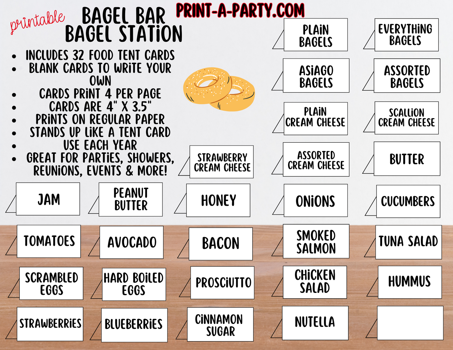 Bagel Bar Sign & Topping Tent Cards - Printable Brunch Decor for Showers, Parties, Events