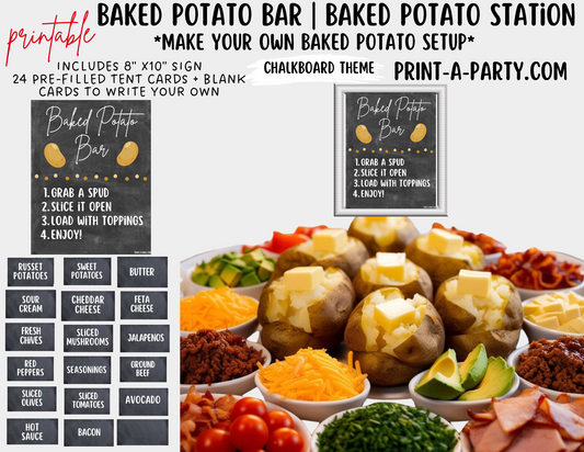 BAKED POTATO BAR | BAKED POTATO STATION Printable Setup - Chalkboard | Baked Potato Bar Sign | Food Station | Food Bar | Party Idea | DIY Loaded Potato Bar