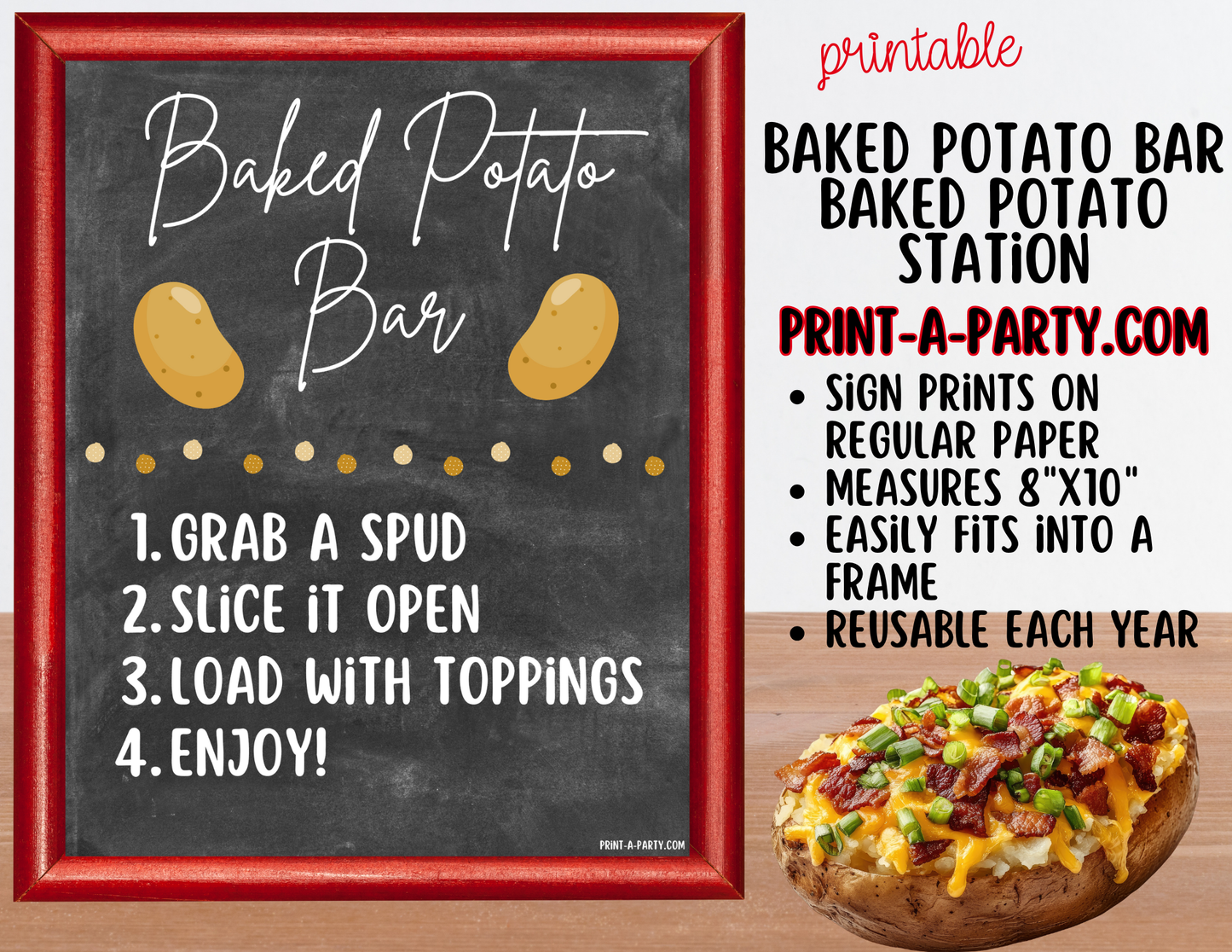 Baked Potato Bar Sign & Topping Tent Cards - Printable Food Station for Parties, Showers, Events, Holidays