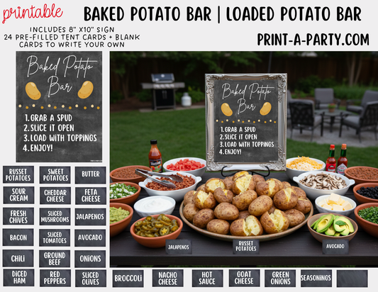 Baked Potato Bar Sign & Topping Tent Cards - Printable Food Station for Parties, Showers, Events, Holidays