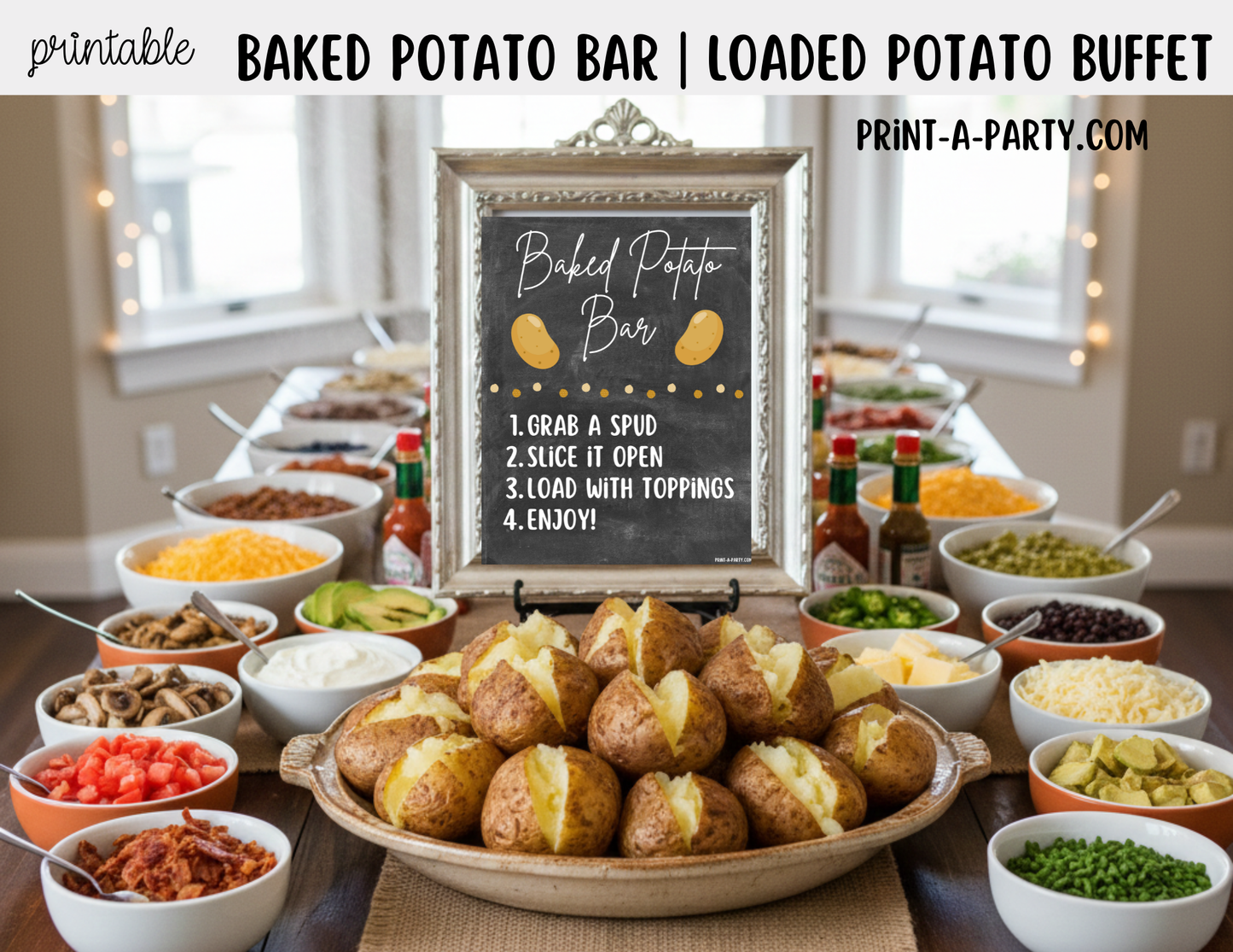 Baked Potato Bar Sign & Topping Tent Cards - Printable Food Station for Parties, Showers, Events, Holidays