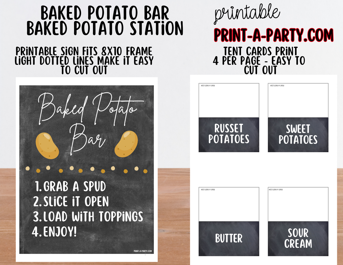 Baked Potato Bar Sign & Topping Tent Cards - Printable Food Station for Parties, Showers, Events, Holidays