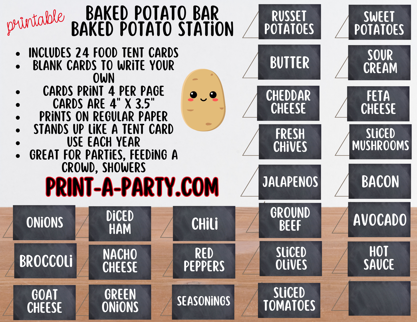 Baked Potato Bar Sign & Topping Tent Cards - Printable Food Station for Parties, Showers, Events, Holidays