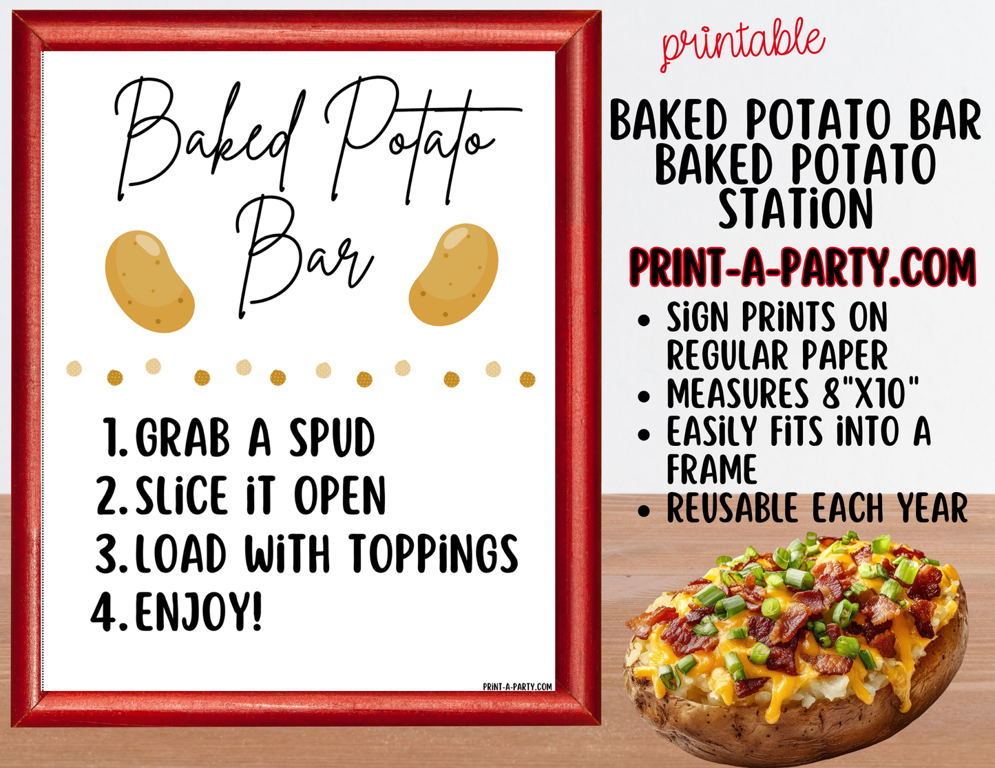 Baked Potato Bar Sign & Topping Tent Cards - Printable Food Station for Parties, Showers, Events, Holidays