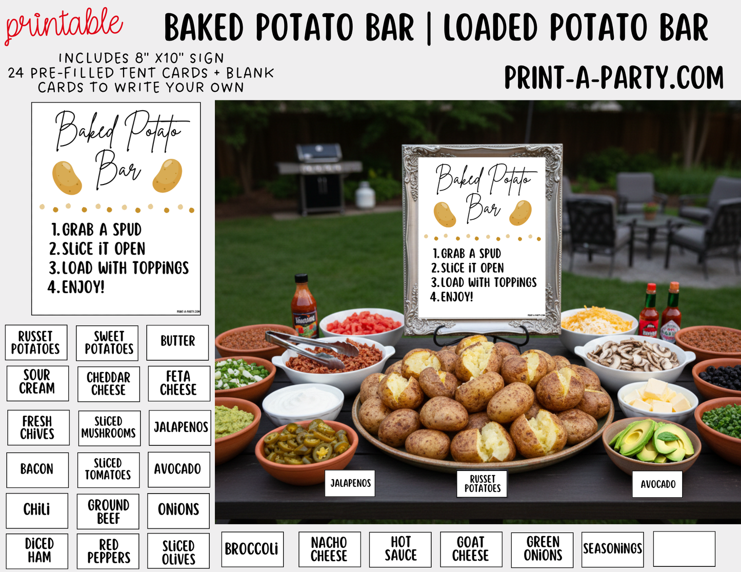 Baked Potato Bar Sign & Topping Tent Cards - Printable Food Station for Parties, Showers, Events, Holidays