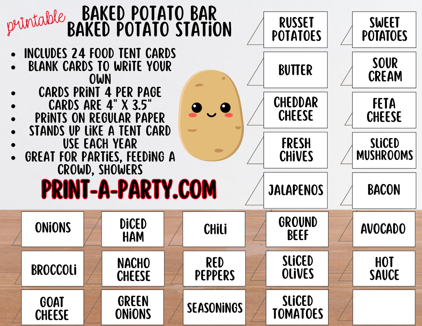 Baked Potato Bar Sign & Topping Tent Cards - Printable Food Station for Parties, Showers, Events, Holidays