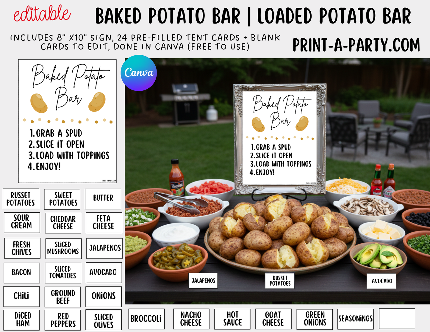 Editable BAKED POTATO BAR - Sign & Topping Tent Cards - Printable Food Station for Parties, Showers, Events, Holidays