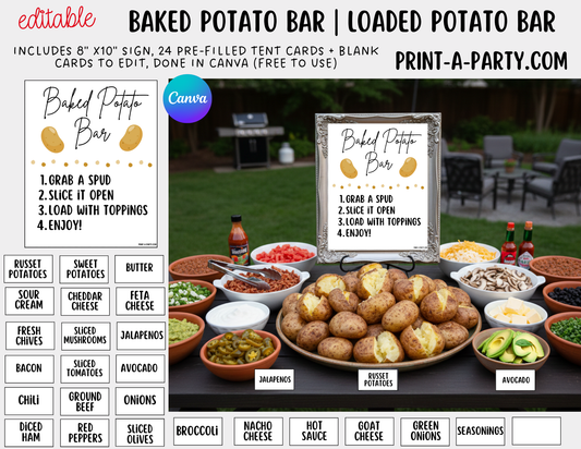 Editable BAKED POTATO BAR - Sign & Topping Tent Cards - Printable Food Station for Parties, Showers, Events, Holidays