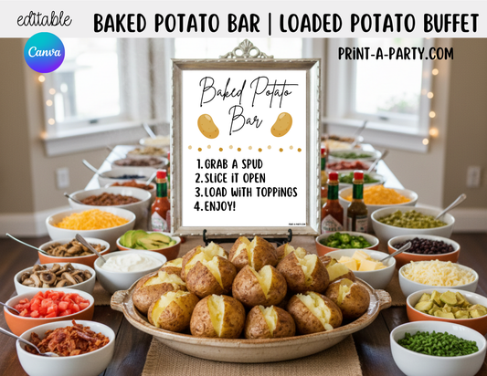 Editable BAKED POTATO BAR - Sign & Topping Tent Cards - Printable Food Station for Parties, Showers, Events, Holidays
