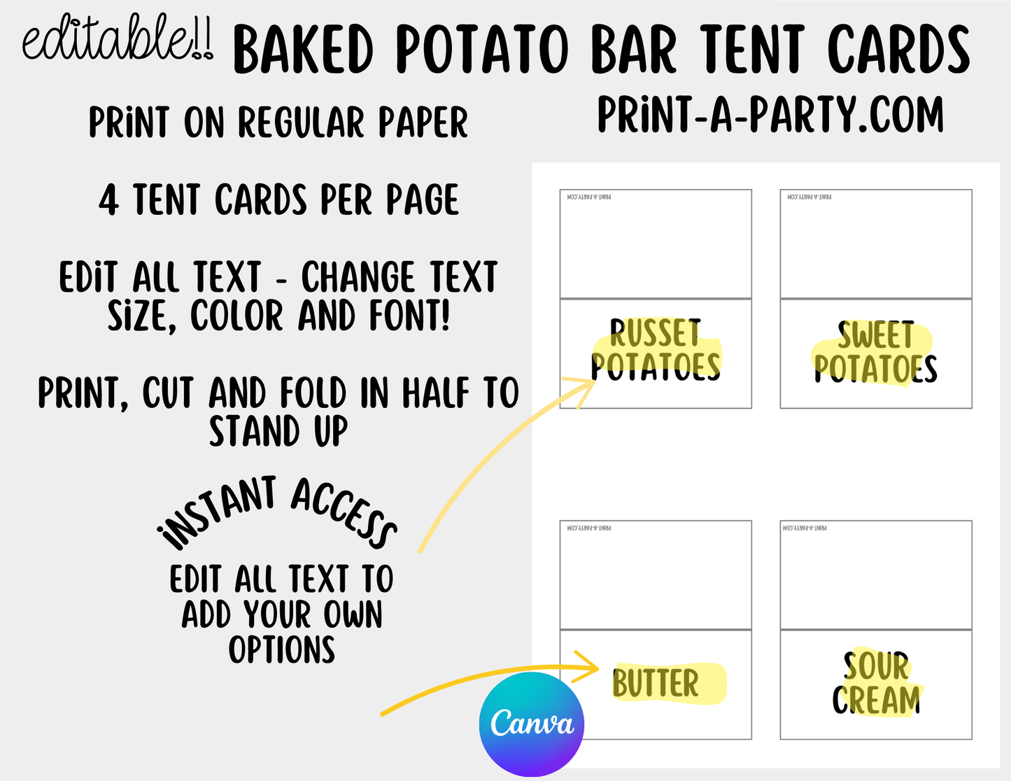Editable BAKED POTATO BAR - Sign & Topping Tent Cards - Printable Food Station for Parties, Showers, Events, Holidays