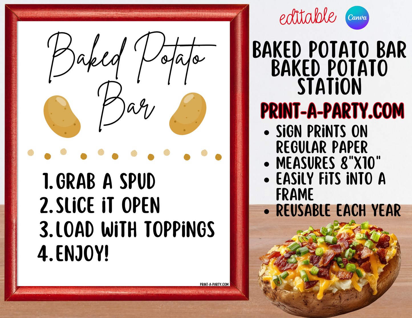 Editable BAKED POTATO BAR - Sign & Topping Tent Cards - Printable Food Station for Parties, Showers, Events, Holidays