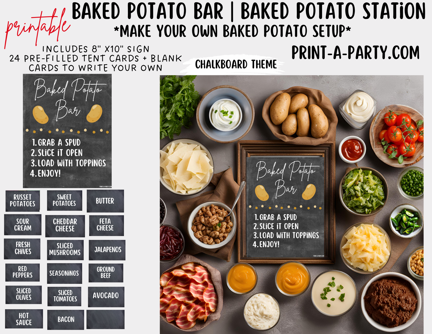 BAKED POTATO BAR | BAKED POTATO STATION Printable Setup - Chalkboard | Baked Potato Bar Sign | Food Station | Food Bar | Party Idea | DIY Loaded Potato Bar