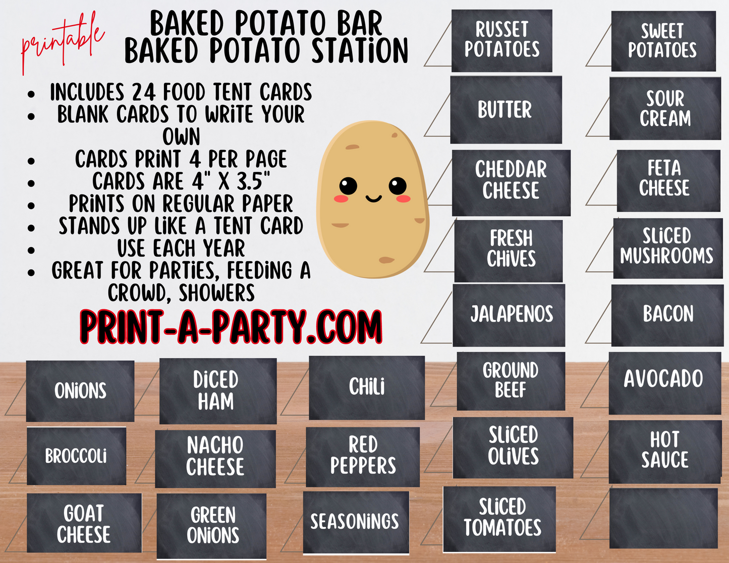 BAKED POTATO BAR | BAKED POTATO STATION Printable Setup - Chalkboard | Baked Potato Bar Sign | Food Station | Food Bar | Party Idea | DIY Loaded Potato Bar