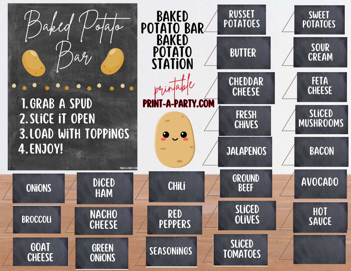 BAKED POTATO BAR | BAKED POTATO STATION Setup - Chalkboard | Baked Potato Bar Sign | Food Station for Party | Food Bar for Party | Party | Shower | DIY Loaded Potato Bar