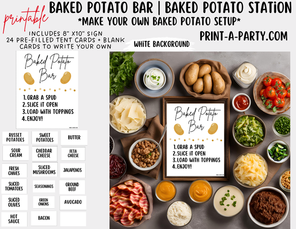 BAKED POTATO BAR | BAKED POTATO STATION Setup - White | Baked Potato Bar Sign | Food Station for Party | Food Bar for Party | Party | Shower | DIY Loaded Potato Bar