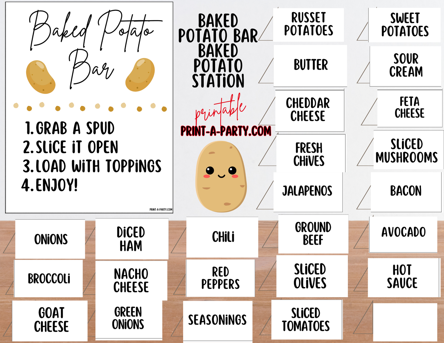 BAKED POTATO BAR | BAKED POTATO STATION Setup - White | Baked Potato Bar Sign | Food Station for Party | Food Bar for Party | Party | Shower | DIY Loaded Potato Bar