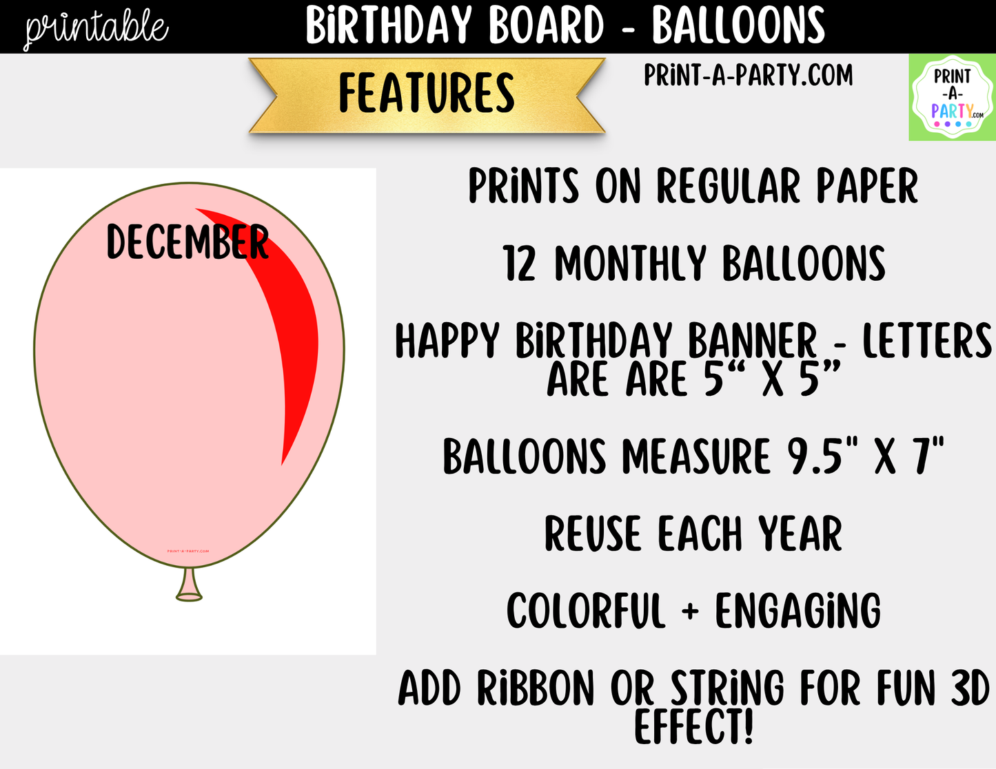 Birthday Display Printable for Classroom - Balloons - Student Birthday Decor, Bulletin Board Kit