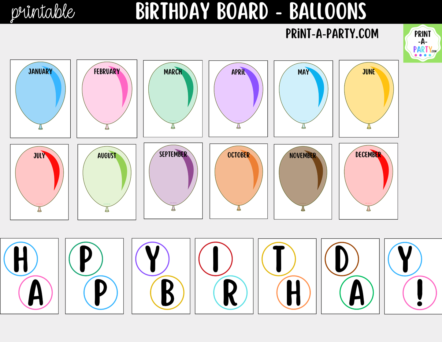 Birthday Display Printable for Classroom - Balloons - Student Birthday Decor, Bulletin Board Kit