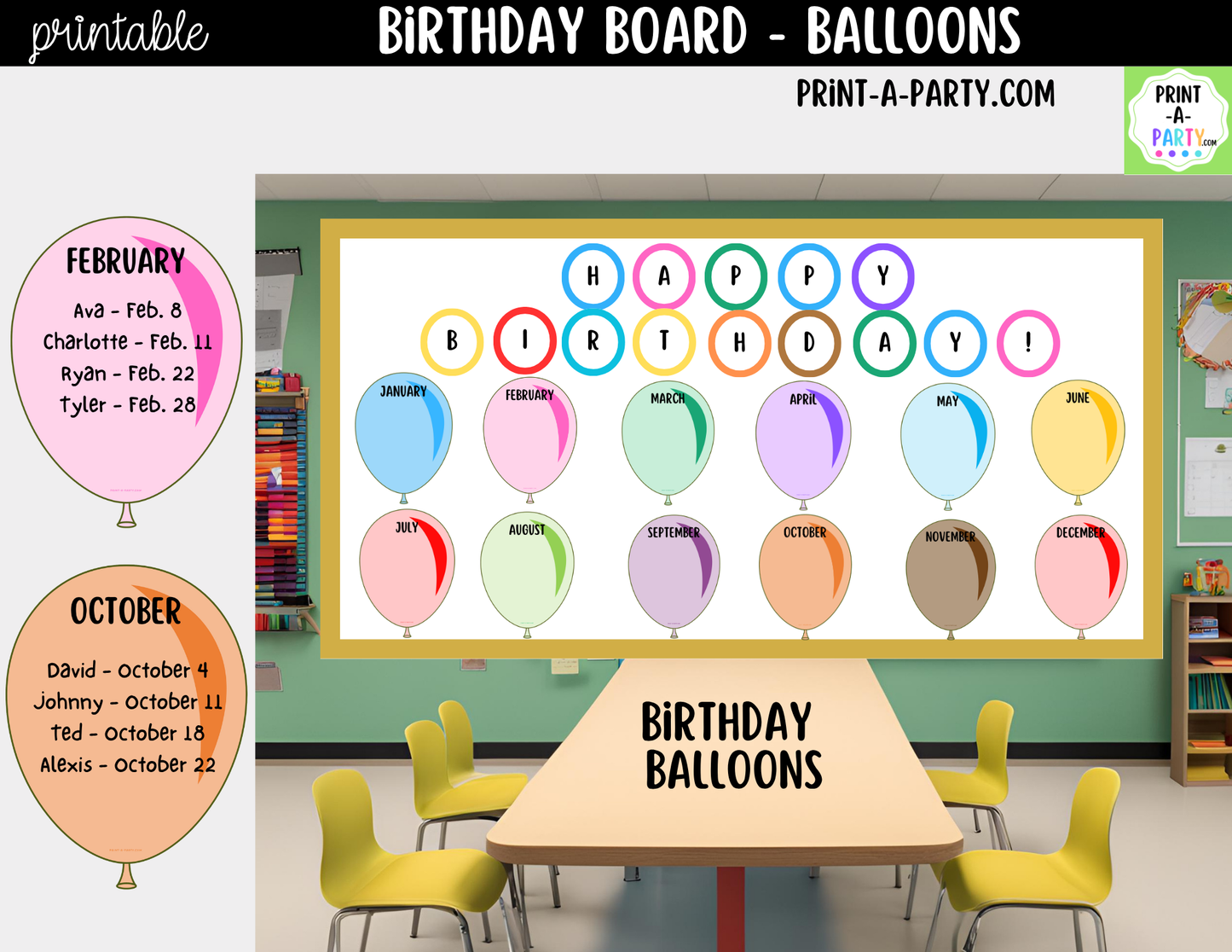 Birthday Display Printable for Classroom - Balloons - Student Birthday Decor, Bulletin Board Kit