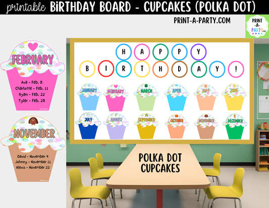 Birthday Bulletin Board Printable Display - Monthly Polka Dot Cupcake Theme for Classroom Decor