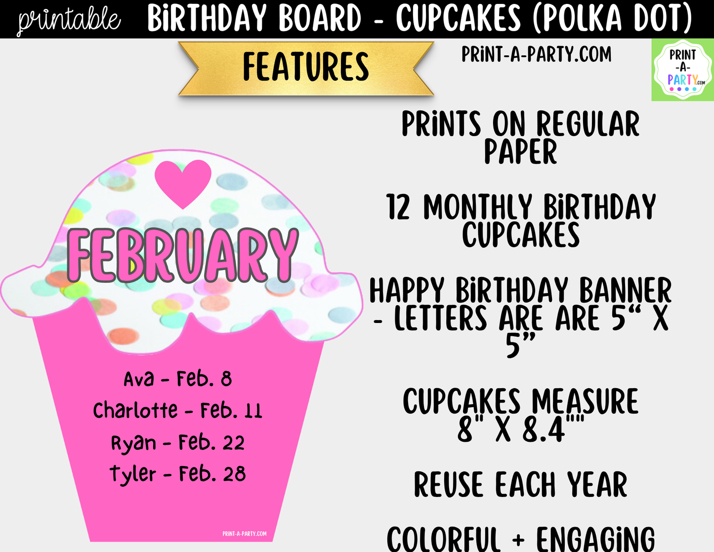 Birthday Bulletin Board Printable Display - Monthly Polka Dot Cupcake Theme for Classroom Decor
