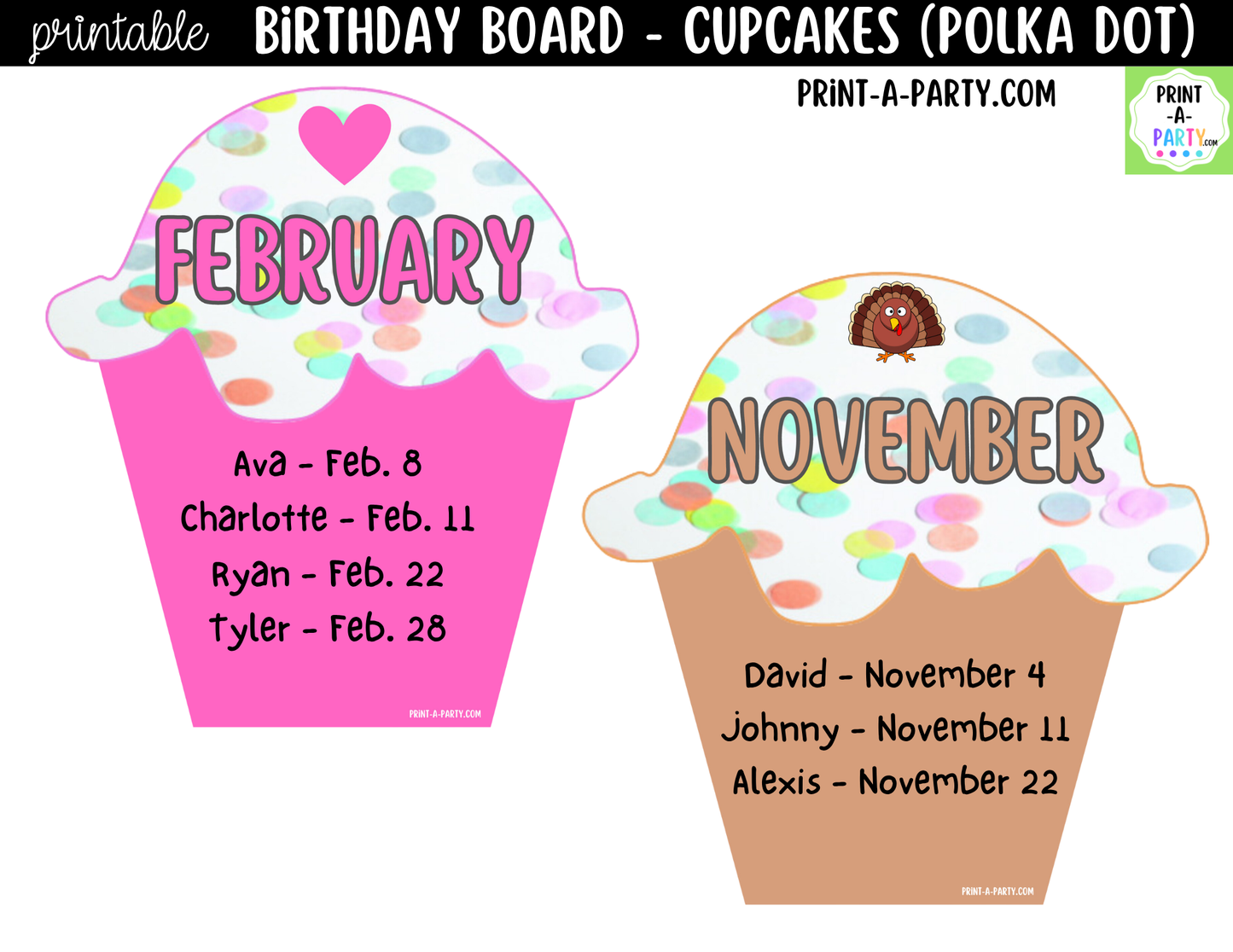 Birthday Bulletin Board Printable Display - Monthly Polka Dot Cupcake Theme for Classroom Decor