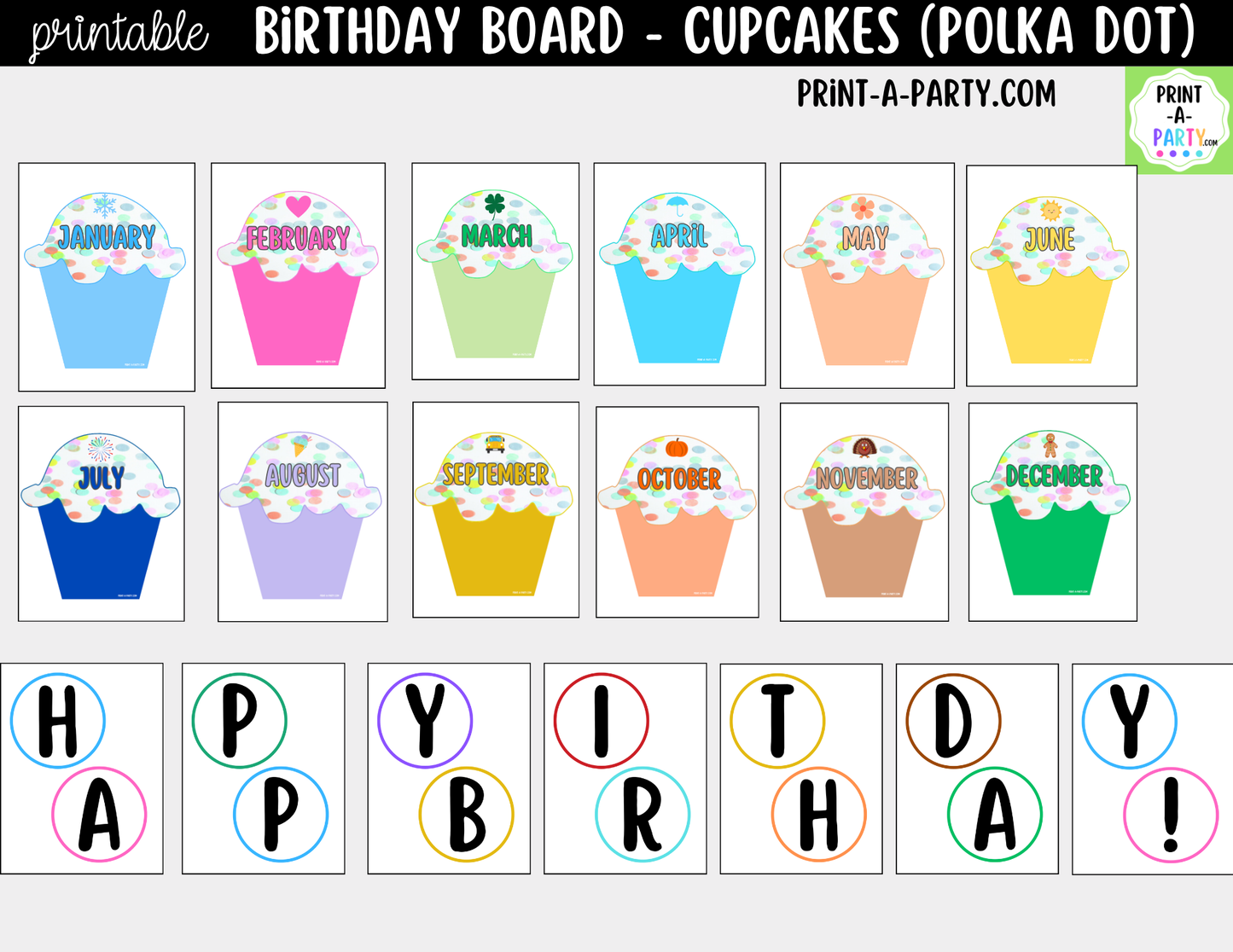 Birthday Bulletin Board Printable Display - Monthly Polka Dot Cupcake Theme for Classroom Decor