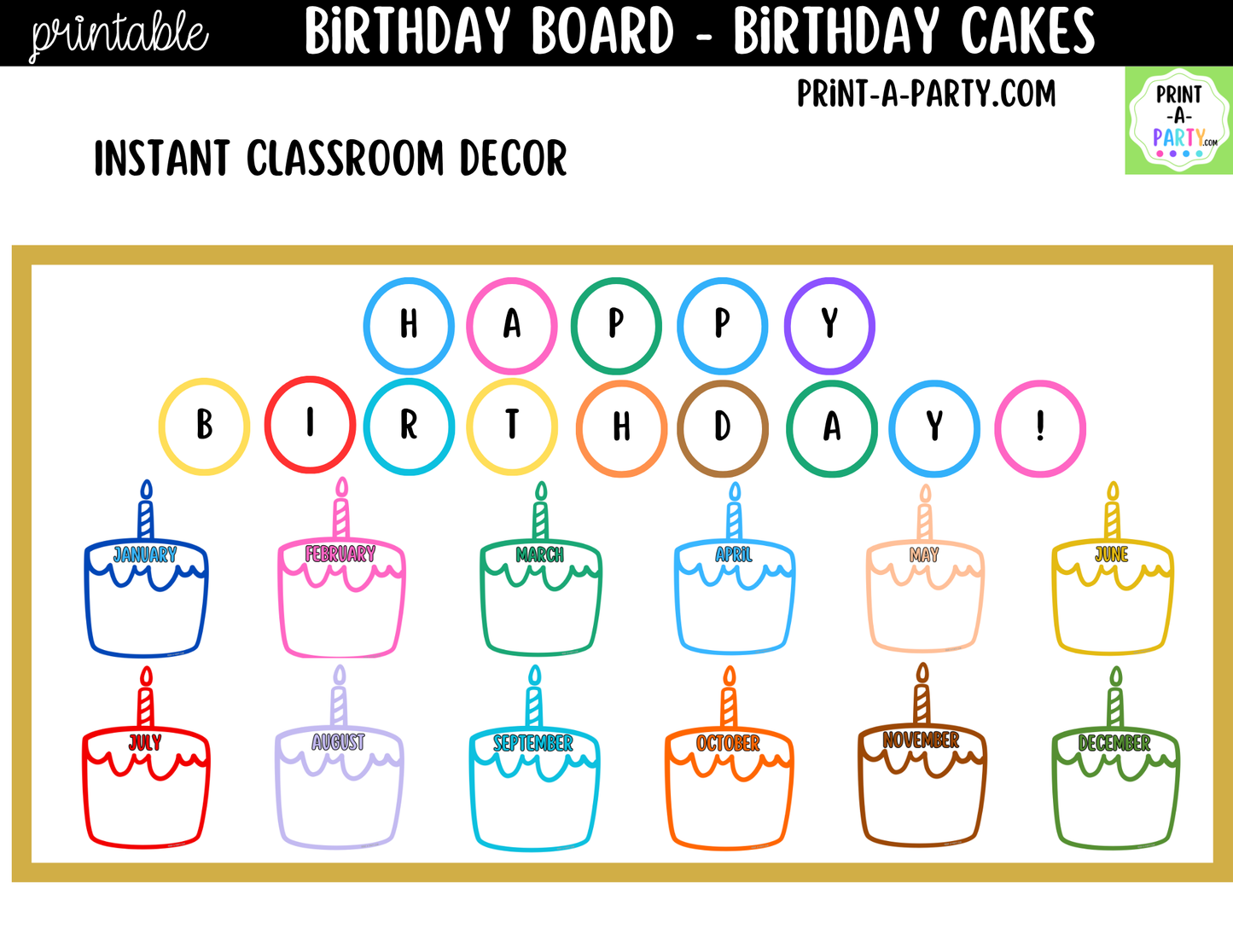 Birthday Bulletin Board Printable Display - Monthly Birthday Cakes Theme for Classroom Decor