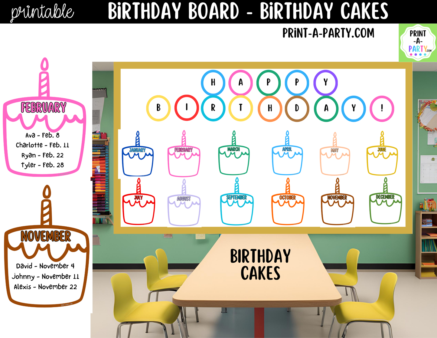 Birthday Bulletin Board Printable Display - Monthly Birthday Cakes Theme for Classroom Decor