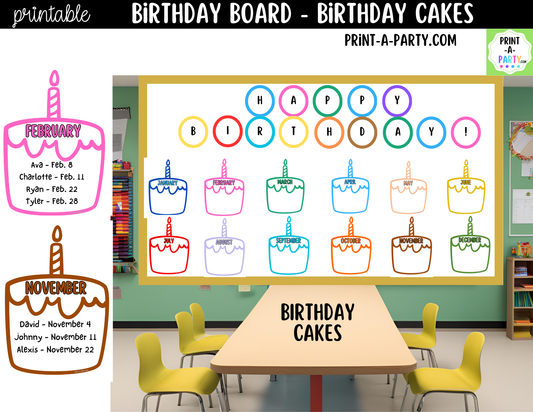 Birthday Bulletin Board Printable Display - Monthly Birthday Cakes Theme for Classroom Decor