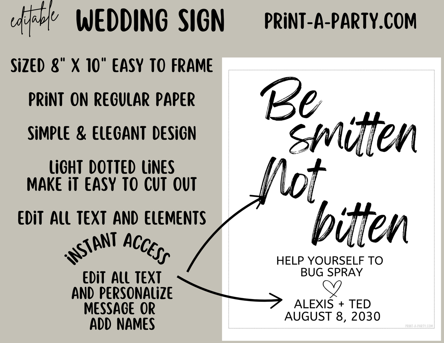 EDITABLE WEDDING EVENT SIGN: BE SMITTEN NOT BITTEN - Bug Spray Sign | Wedding Sign | Outdoor Wedding Sign | Garden Wedding Sign