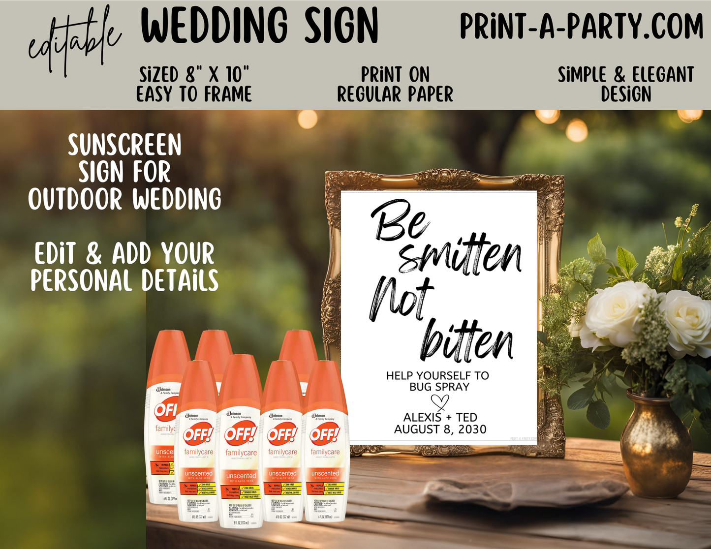 EDITABLE WEDDING EVENT SIGN: BE SMITTEN NOT BITTEN - Bug Spray Sign | Wedding Sign | Outdoor Wedding Sign | Garden Wedding Sign