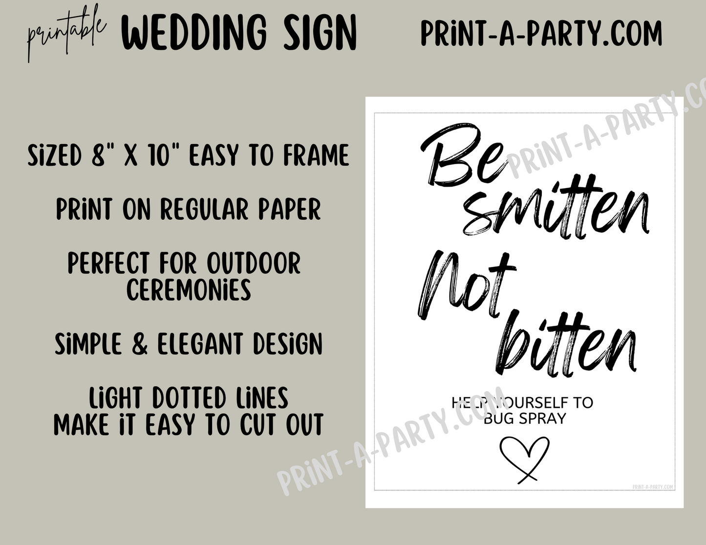 BE SMITTEN NOT BITTEN | Printable Wedding Sign | Outdoor Wedding Sign | Bug Spray Wedding Sign