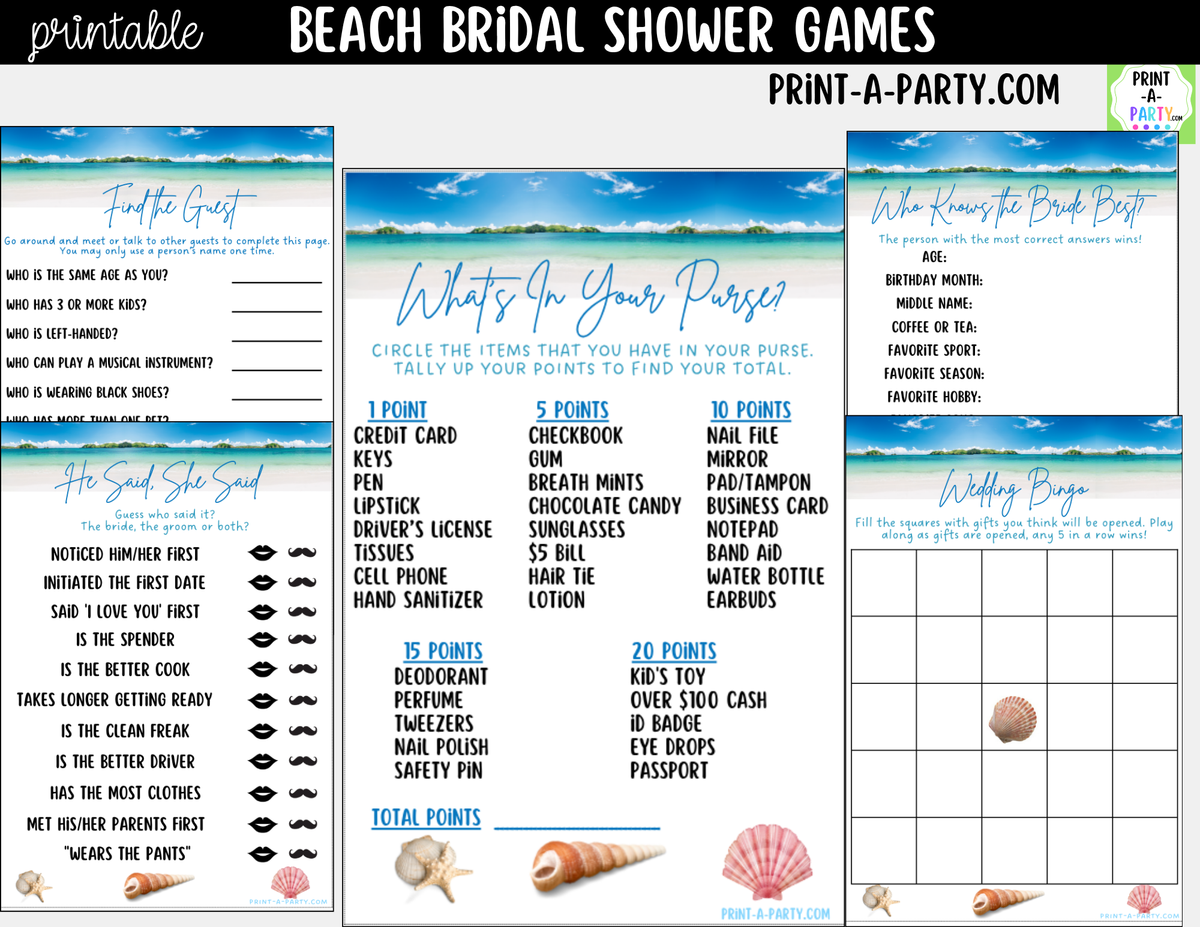Beach Bridal Shower Games Bundle – Tropical Printable