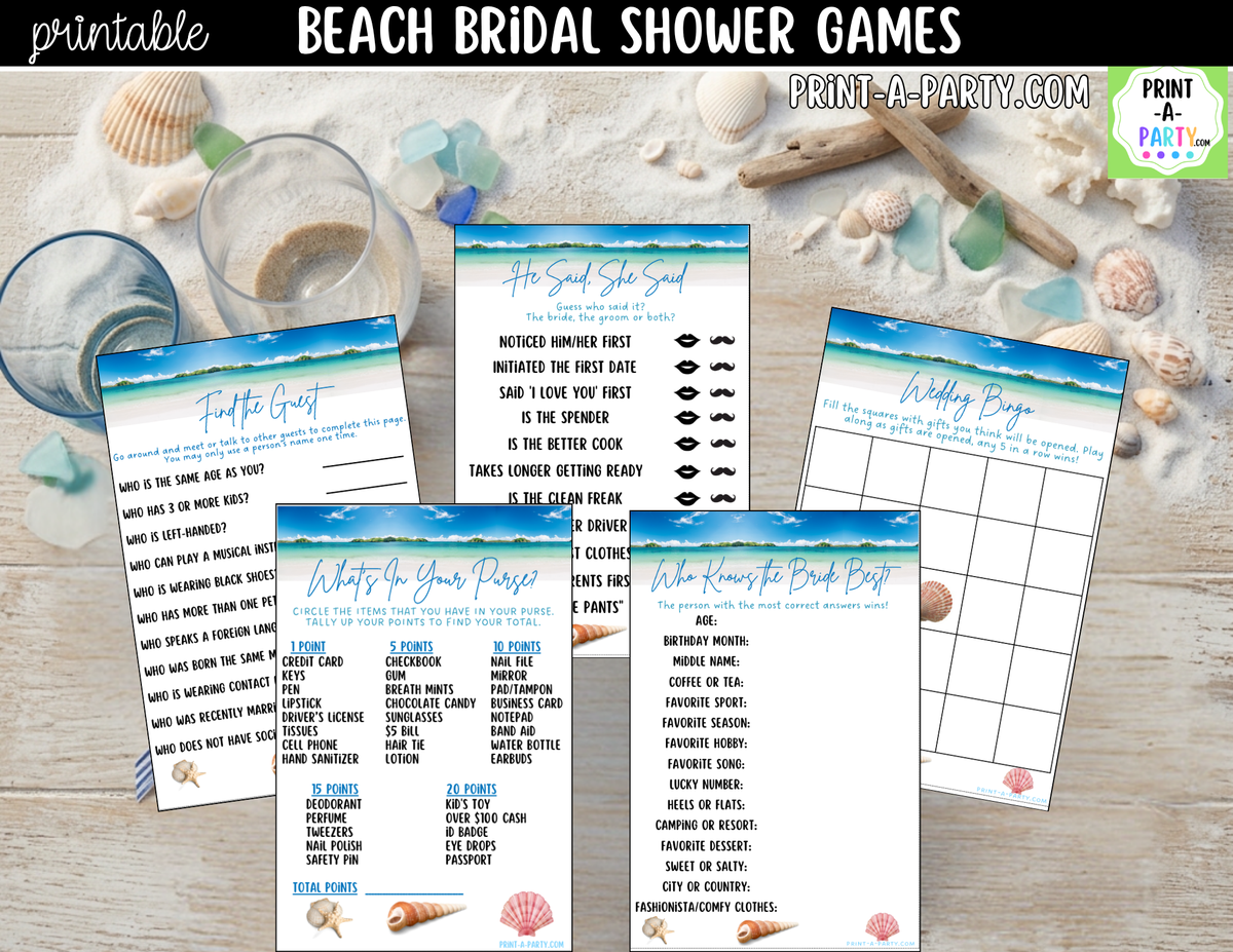 Beach Bridal Shower Games Bundle – Tropical Printable