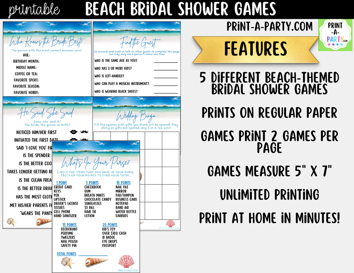 Beach Bridal Shower Games Bundle – Tropical Printable