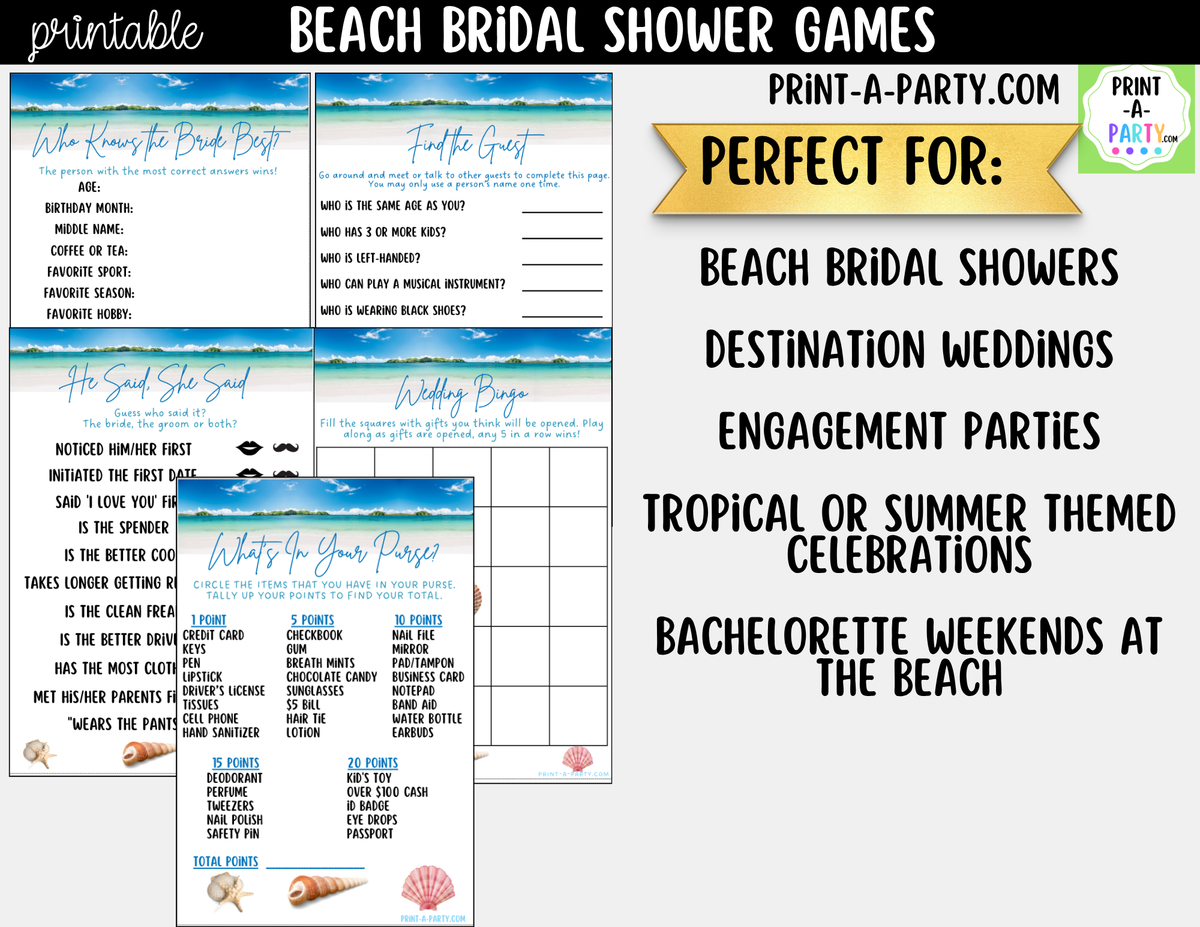 Beach Bridal Shower Games Bundle – Tropical Printable