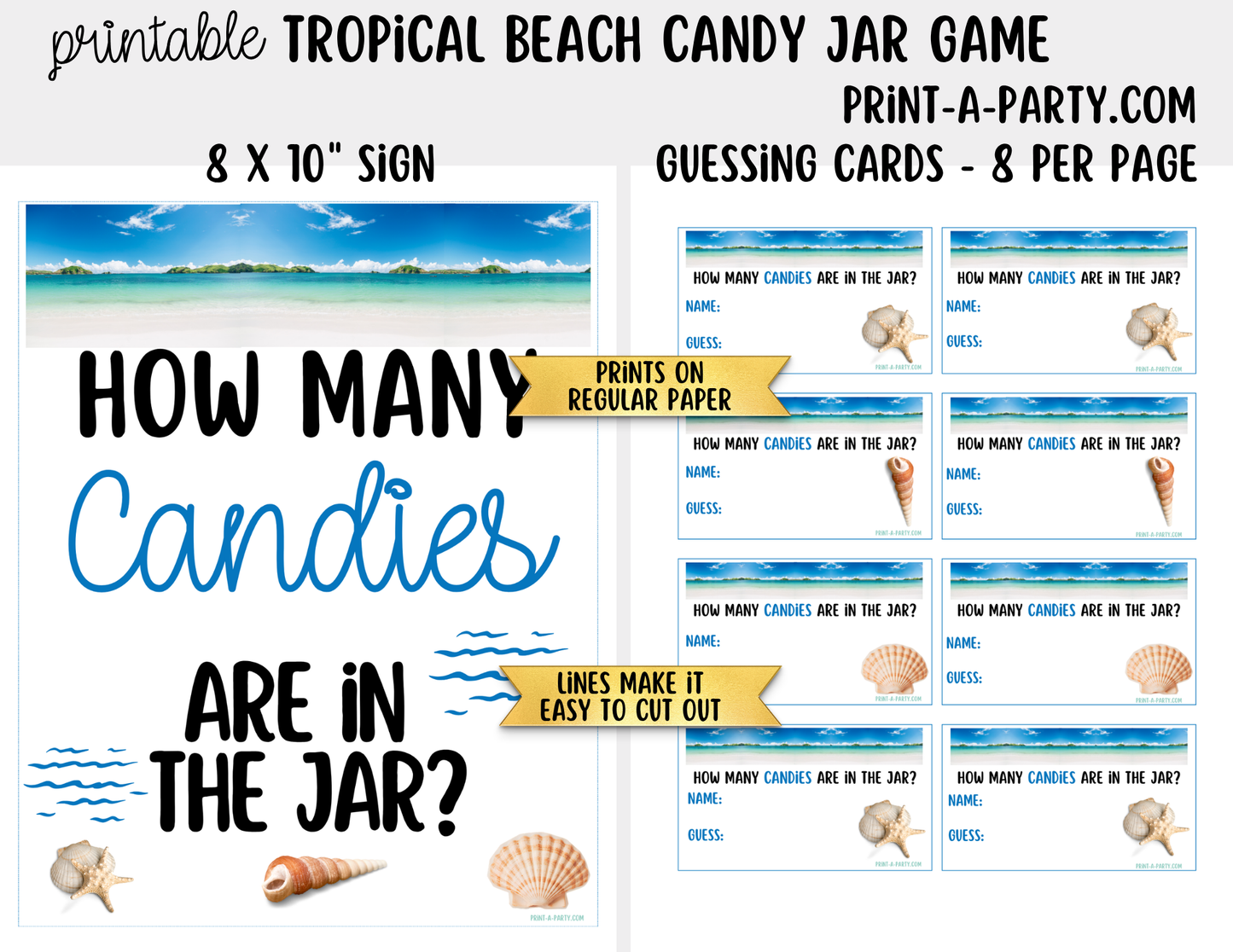 Tropical Beach Candy Jar Guessing Game Printable Sign (8x10) & Guessing Cards for Beach Showers and Destination Weddings