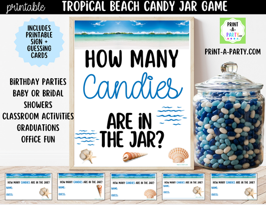 Tropical Beach Candy Jar Guessing Game Printable Sign (8x10) & Guessing Cards for Beach Showers and Destination Weddings