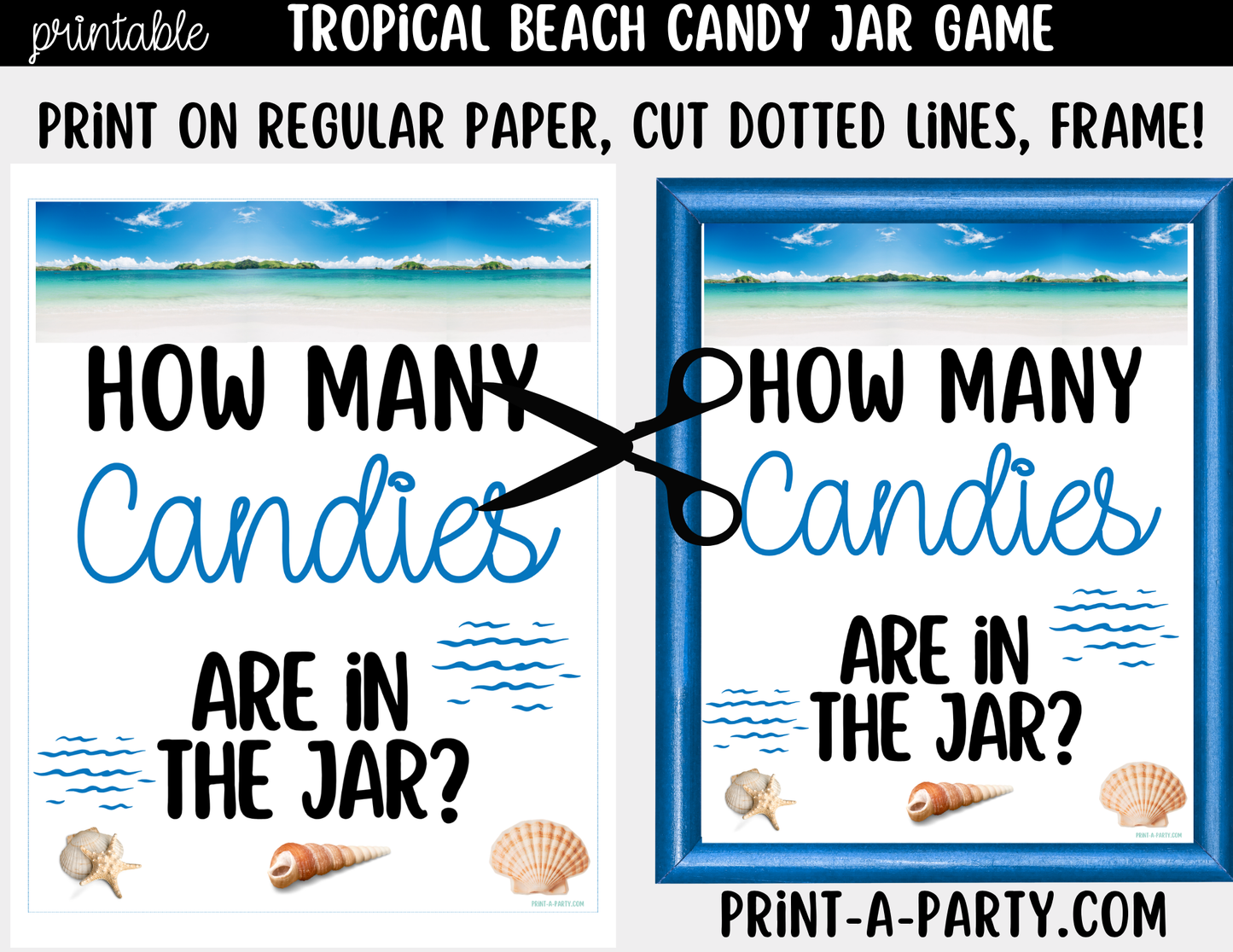 Tropical Beach Candy Jar Guessing Game Printable Sign (8x10) & Guessing Cards for Beach Showers and Destination Weddings