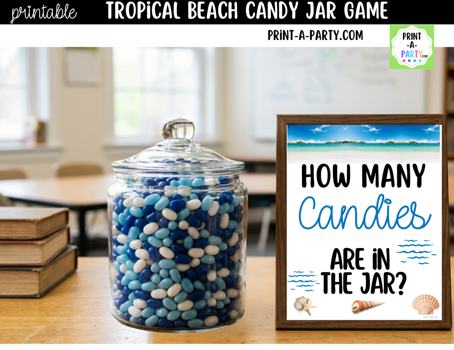Tropical Beach Candy Jar Guessing Game Printable Sign (8x10) & Guessing Cards for Beach Showers and Destination Weddings