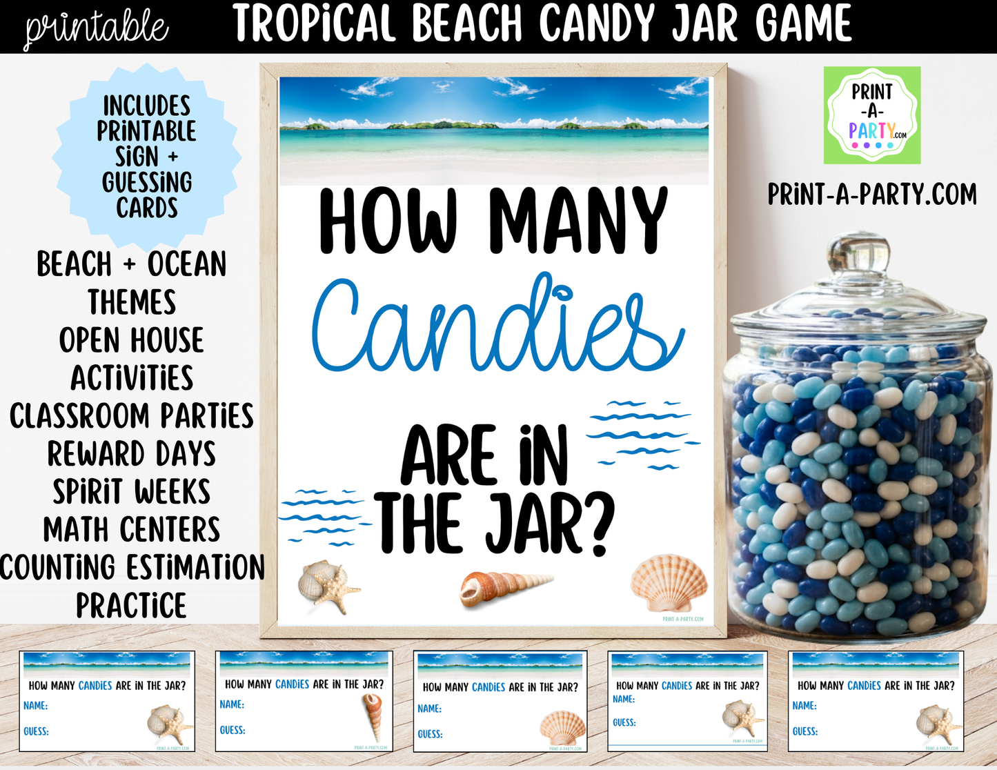 Tropical Beach Candy Jar Guessing Game Printable Sign (8x10) & Guessing Cards for Beach Showers and Destination Weddings