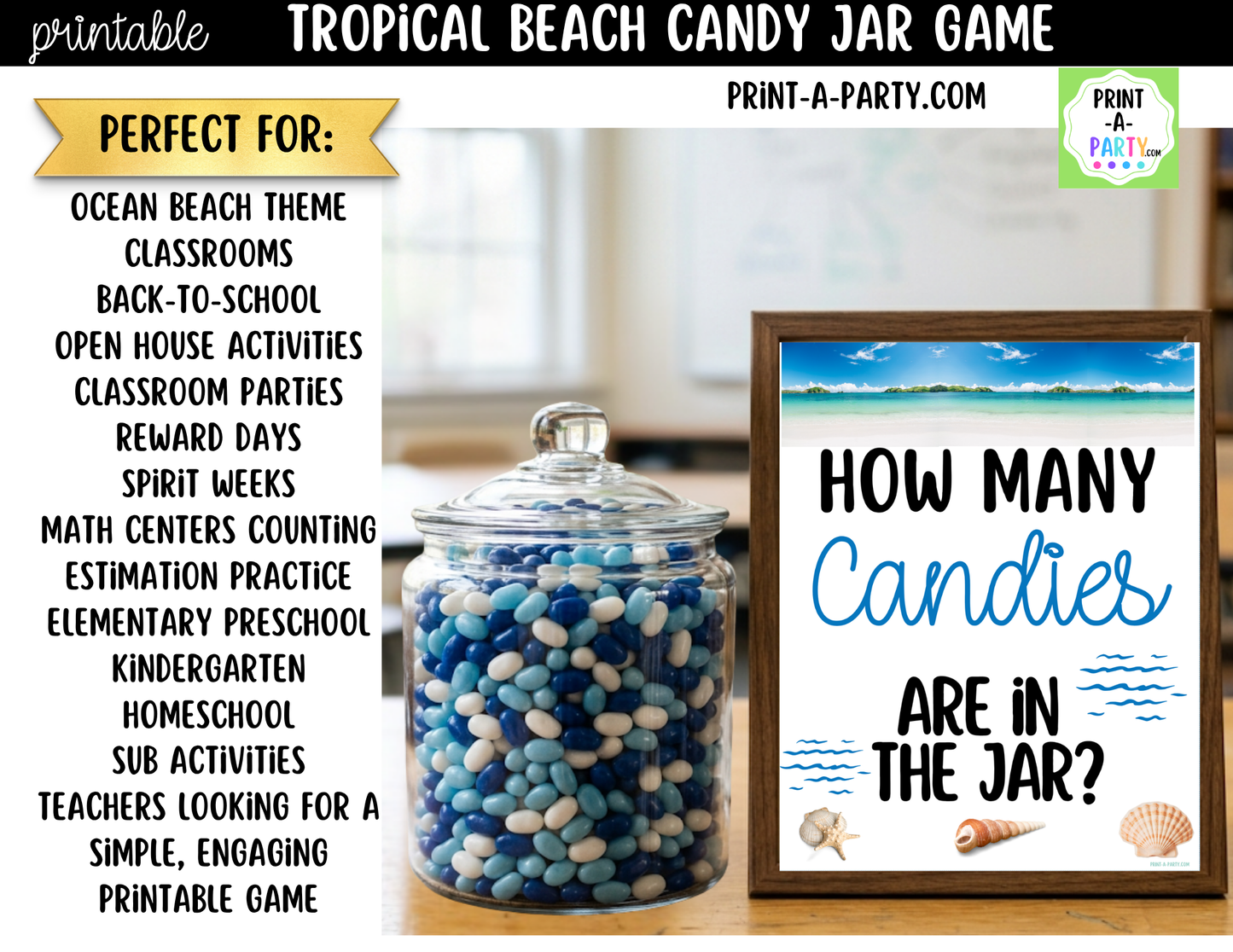 Tropical Beach Candy Jar Guessing Game Printable Sign (8x10) & Guessing Cards for Beach Showers and Destination Weddings