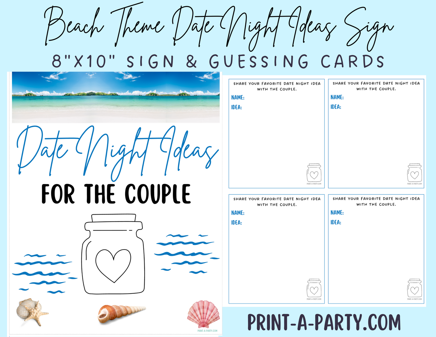 DATE NIGHT IN A JAR - BEACH DESTINATION WEDDING THEME | Date Night Jar Sign | Date Night Cards | Beach Destination Wedding Shower Idea | Date Night Ideas | Same Sex Wedding Ideas | Beach Bridal Wedding Shower | Beach Engagement Party