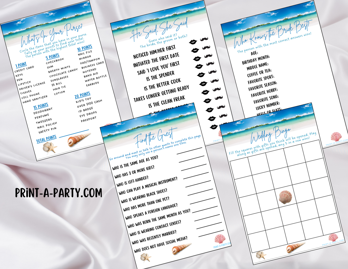 GAME BUNDLE: Bridal Wedding Shower Engagement Party Game Bundle | Beach Wedding | Destination Wedding | Printable