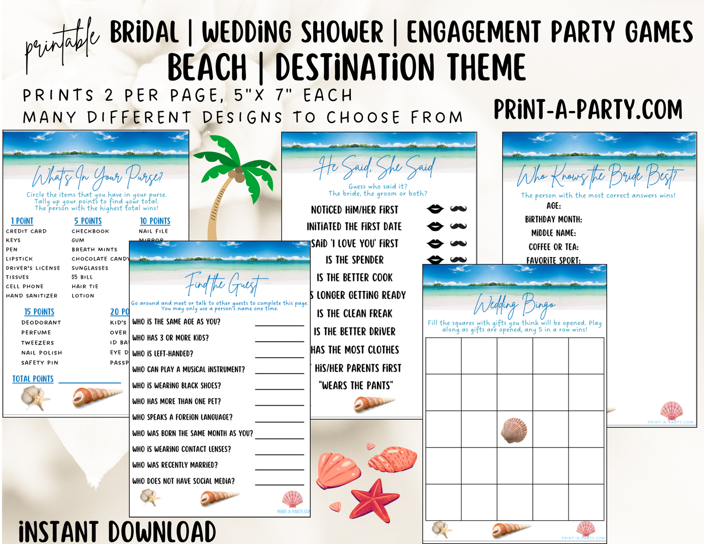 GAME BUNDLE: Bridal Wedding Shower Engagement Party Game Bundle | Beach Wedding | Destination Wedding | Printable